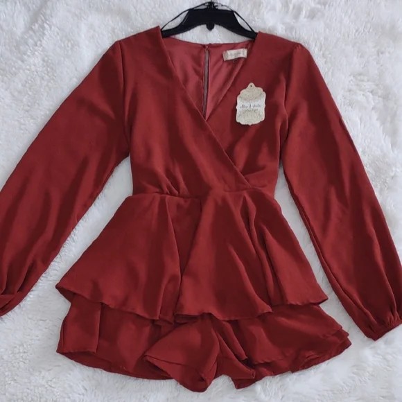 Altar'd State Rust Long Sleeve Peplum Jumpsuit. - Picture 10 of 17